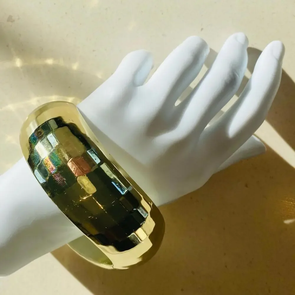 Vintage Gold Tone Faceted Bangle Bracelet Wavy Metallic